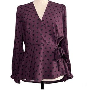 Meraki plum black hearts long sleeve wrap blouse